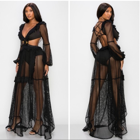 🌺 SHEER MAXI DRESS LONG SLEEVE RUFFLE LACE BLACK BACKLESS CHIC SEXY ELEGANT - Picture 3 of 8